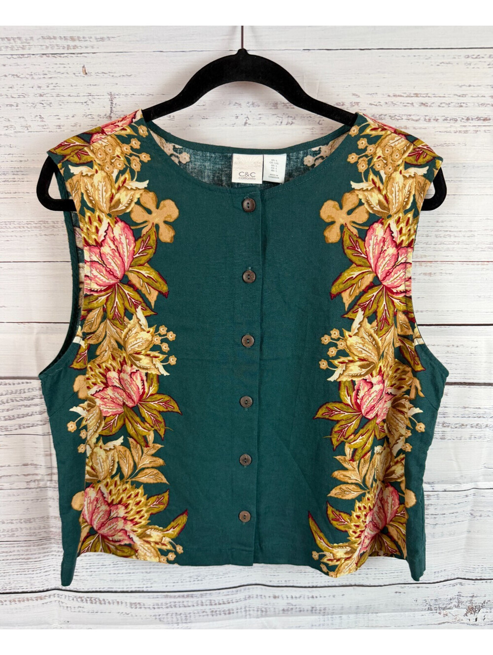 C&C CALIFORNIA green brown red linen rayon flower button sleeveless top L NWT